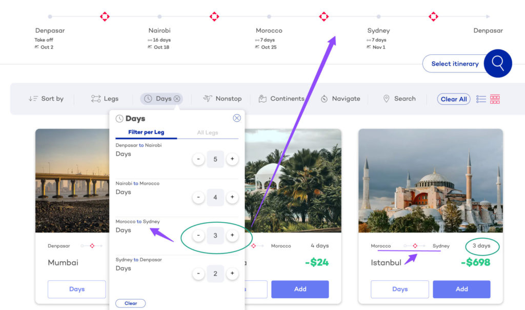 how to select the number of days for stopovers