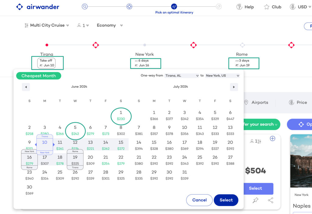 use calendar to find the cheapest dates for stopover flights