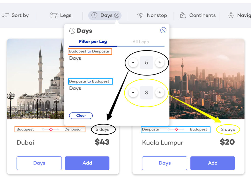 use days filter to set stopover duration time